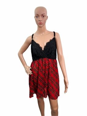 Cacique Women's Plus Size 26/28 Slip Babydoll Lingerie Re Black Lace Plaid
